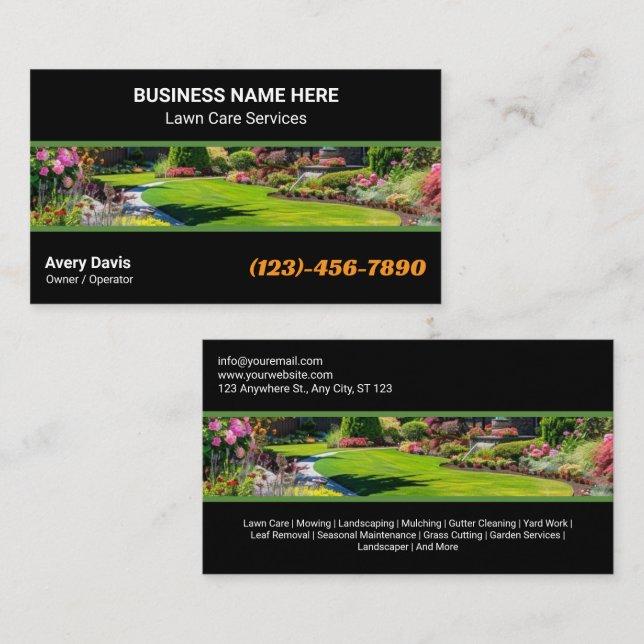 Professional Garden Services Grass Lawn Care Business Card (Front/Back)