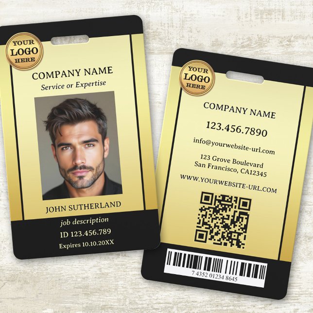 Professional Gold Black Photo ID ID Badge (Professional staff photo ID badge featuring your photo and logo on a gold and black design)