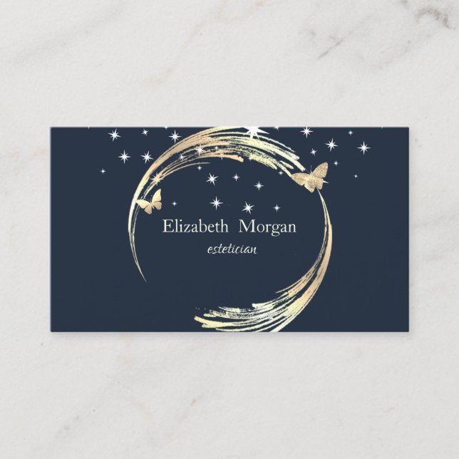 Professional Gold Circles Butterflies Stars Blue Business Card (Front)