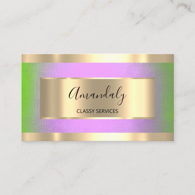 Professional Gold Framed Elegant Purple Green Business Card (Front)