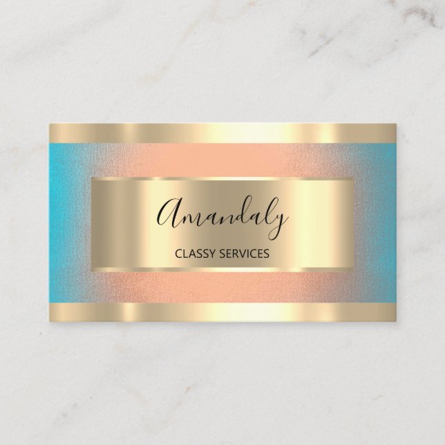 Professional Gold Framed Elegant Rose Blue Ombre Business Card (Front)
