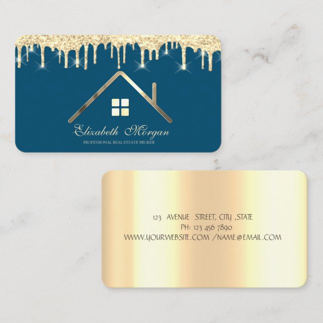 Professional Gold Glitter Drips Real Estate Blue Business Card (Front/Back)
