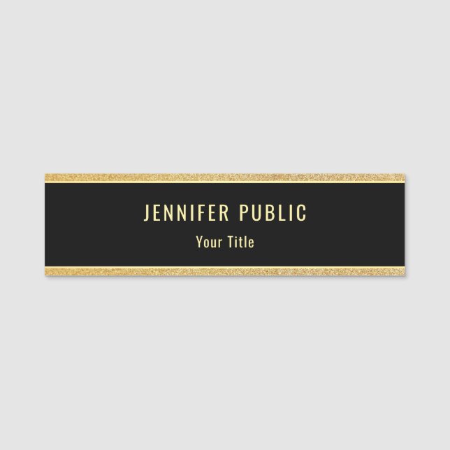 Professional Gold Glitter Elegant Black Template Name Tag (Front)