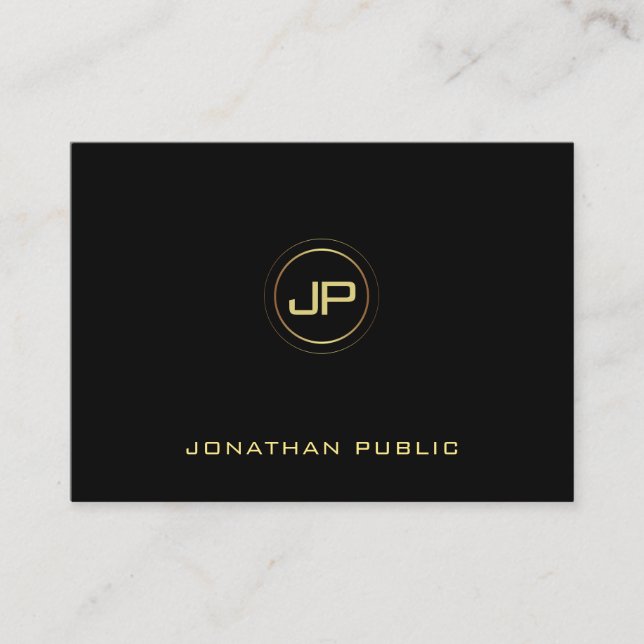 Professional Gold Monogram Black Elegant Plain Business Card (Front)
