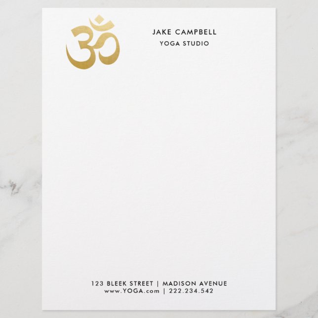 Professional Gold Ohm Indian Symbol Yoga Studio Custom Letterhead (Front)