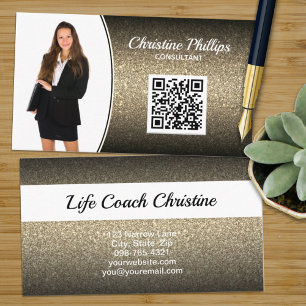 Professional Gold Ombre Glitter Custom Photo QR Business Card