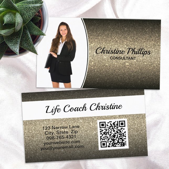 Professional Gold Ombre Glitter Custom Photo QR Business Card (Creator Uploaded)