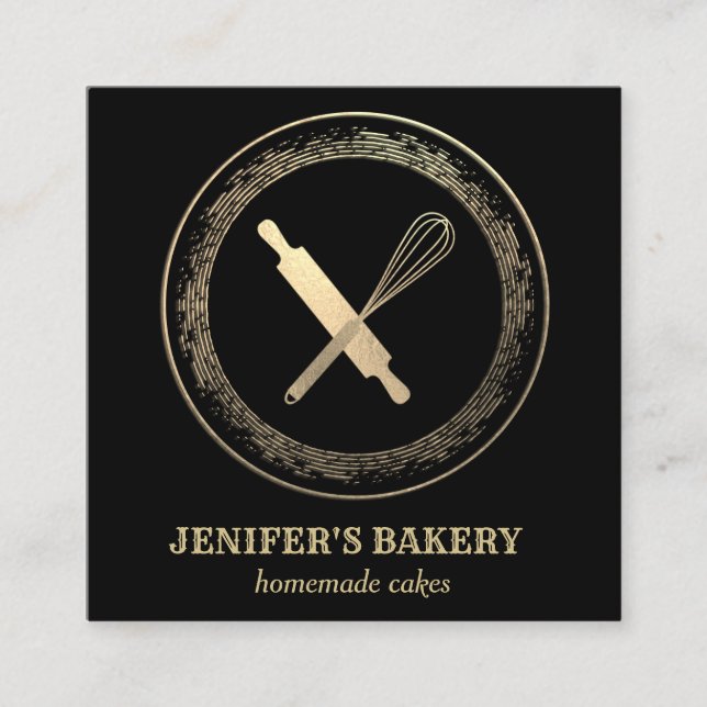Professional gold rolling pin whisk chef bakery square business card (Front)