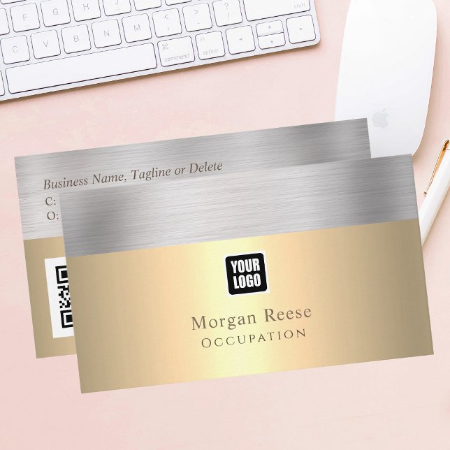 Professional Gold & Silver, Minimal, Logo, QR Code Business Card (Creator Uploaded)