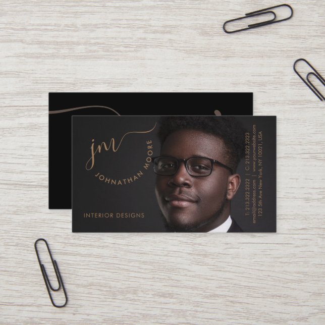 Professional Golden Signature Monogram Photo Business Card (Front/Back In Situ)