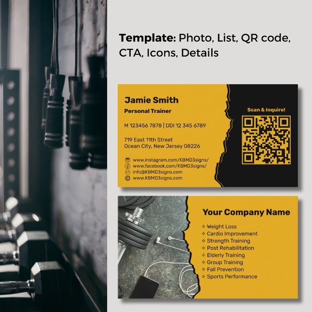 Professional Golden Yellow Personal Trainer Business Card (Professional Golden Yellow Personal Trainer Business Card, QR code, Service List, Icons)