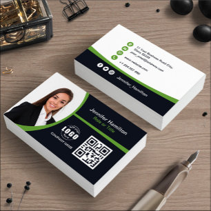 Professional Green add your Logo QR Code Photo Business Card