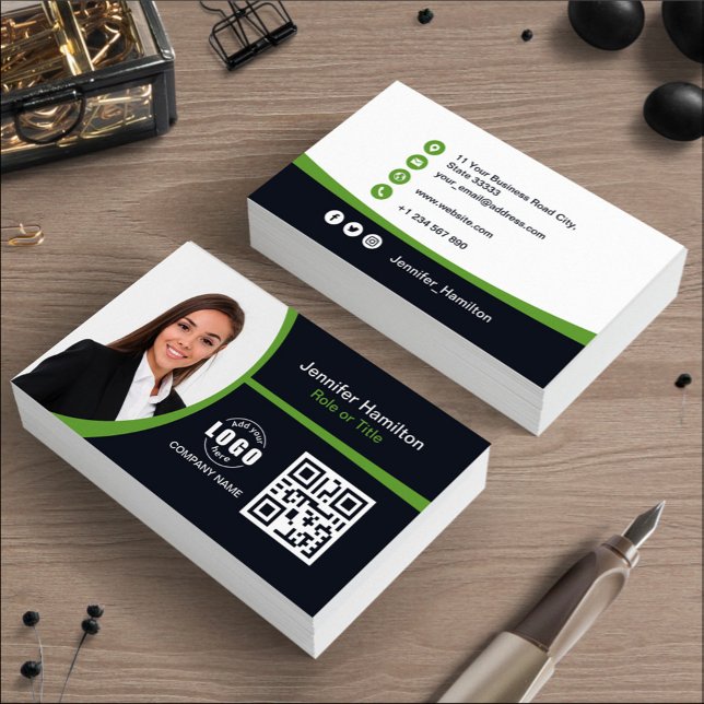 Professional Green add your Logo QR Code Photo  Business Card (Creator Uploaded)