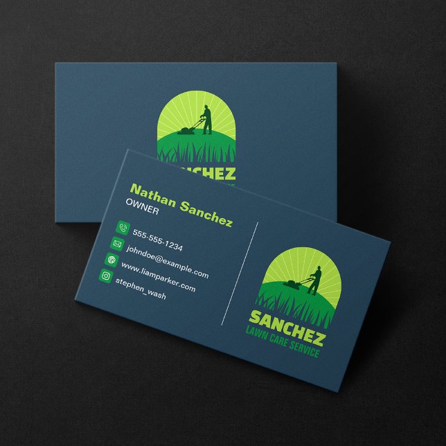 Professional Green Blue Lawn Care Gardening Mowing Business Card (Creator Uploaded)