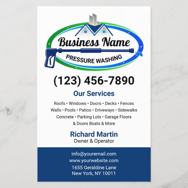 Professional Green Blue Pressure Washing Service Flyer (Front)