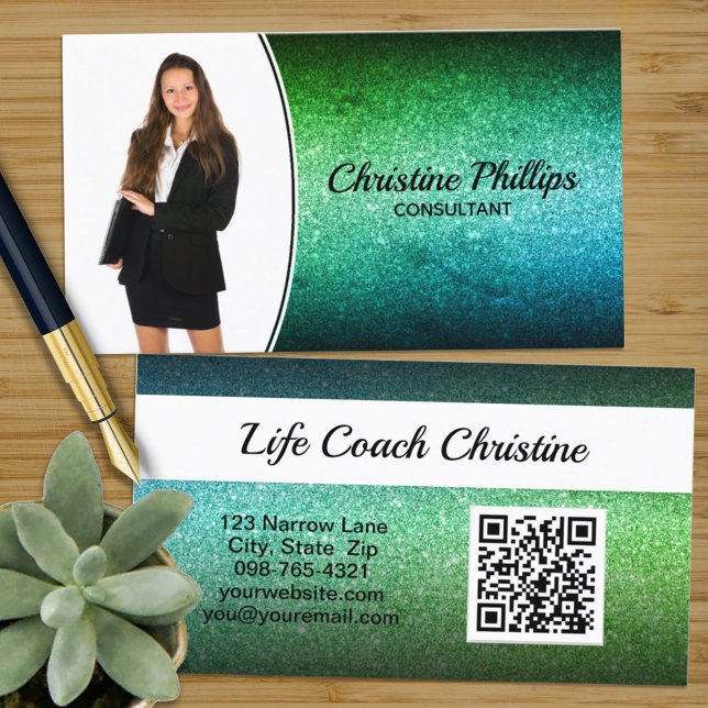 Professional Green Ombre Glitter Custom Photo QR Business Card (Creator Uploaded)