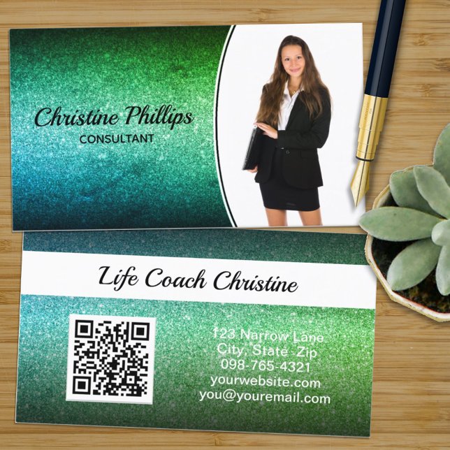 Professional Green Ombre Glitter Custom Photo QR Business Card (Creator Uploaded)