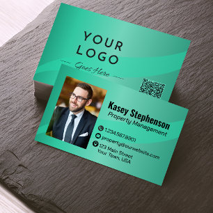 Professional Green Photo QR Code Modern Business Card