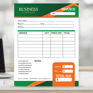Professional Green with Orange Stripe Invoice Form Notepad