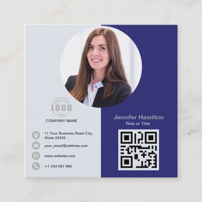 Professional Grey add your Photo QR Code Square Bu Business Card (Front)