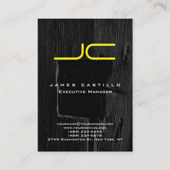 Professional Grey Black Wood Yellow Monogram Business Card (Front)