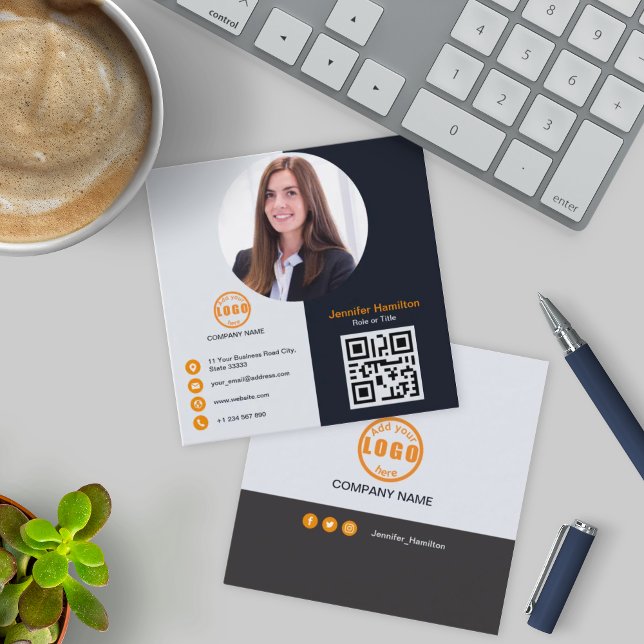 Professional Grey Orange add your Photo QR Code Square Business Card (Creator Uploaded)
