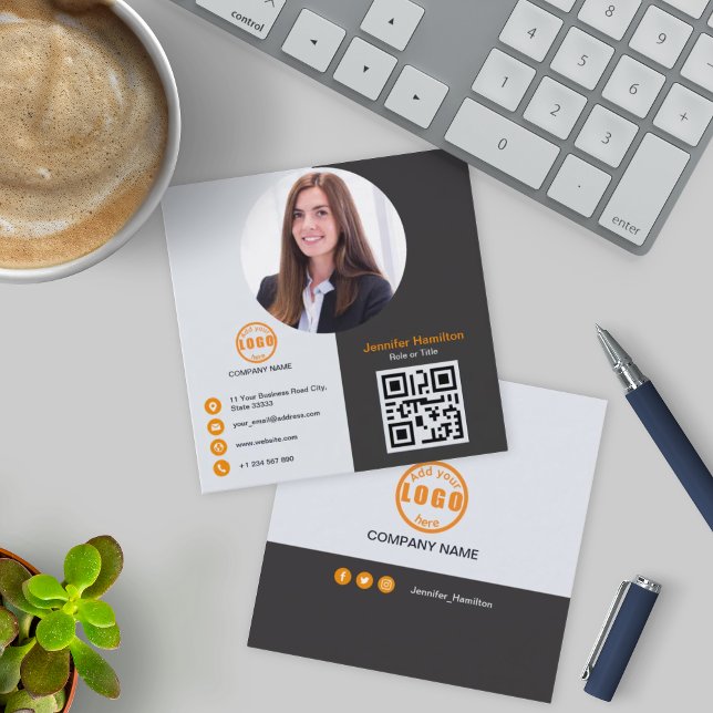Professional Grey Orange add your Photo QR Code Square Business Card (Creator Uploaded)