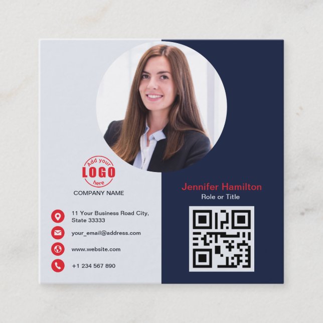 Professional Grey Red add your Photo QR Code Squar Square Business Card (Front)