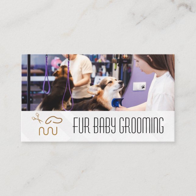 Professional Groomer Trimming Cute Dog Business Card (Front)