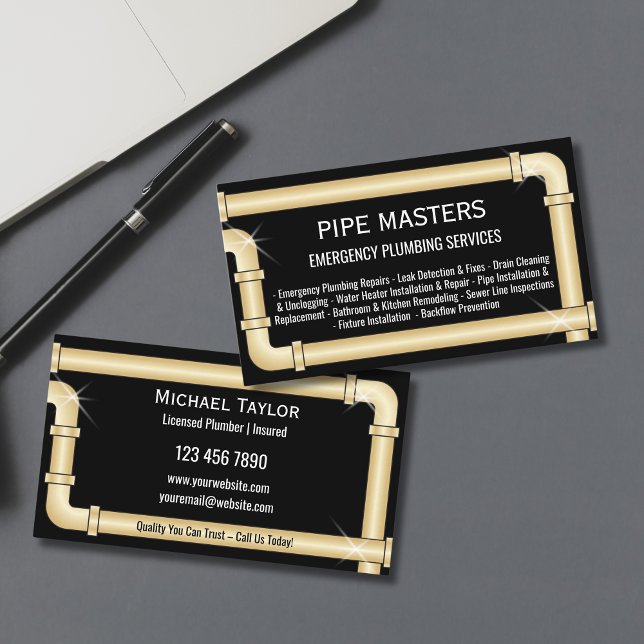 Professional Handyman Plumber Pipes Plumbing Tools Business Card (plumbing pipes in gold color on the black background business cards)