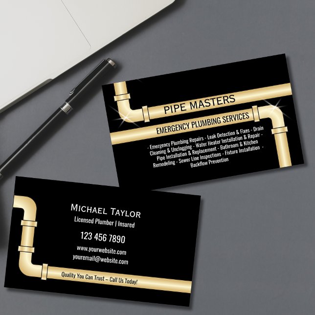 Professional Handyman Plumber Pipes Plumbing Tools Business Card (plumbing pipes in gold color on the black background business cards)
