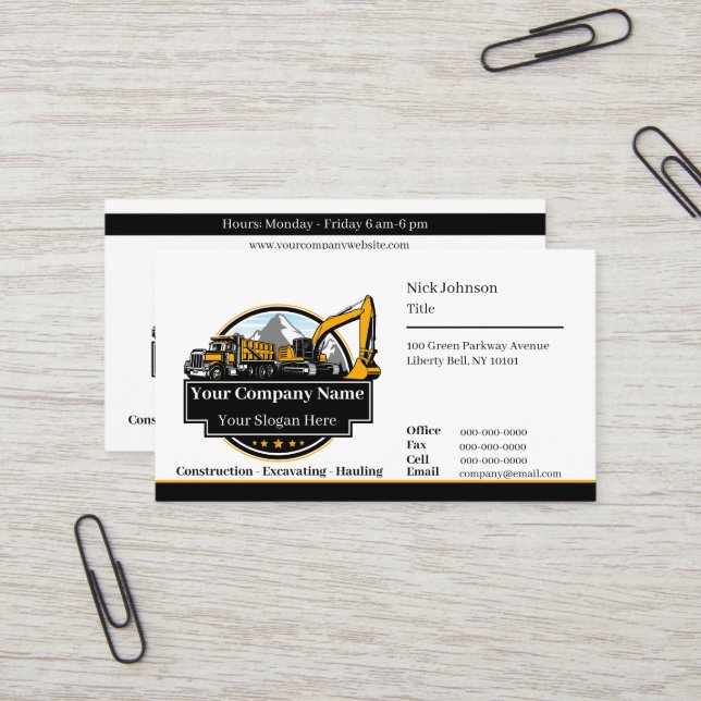 Professional Heavy Equipment Construction Company  Business Card (Front/Back In Situ)