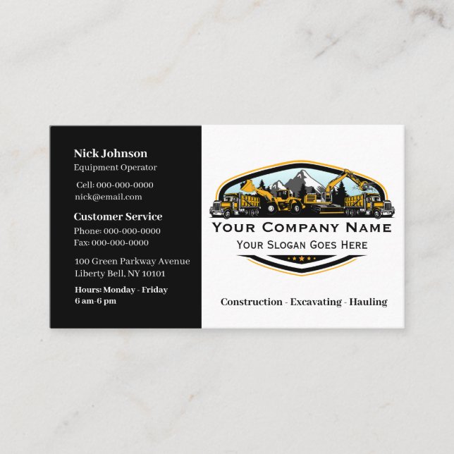 Professional Heavy Equipment Construction Company  Business Card (Front)
