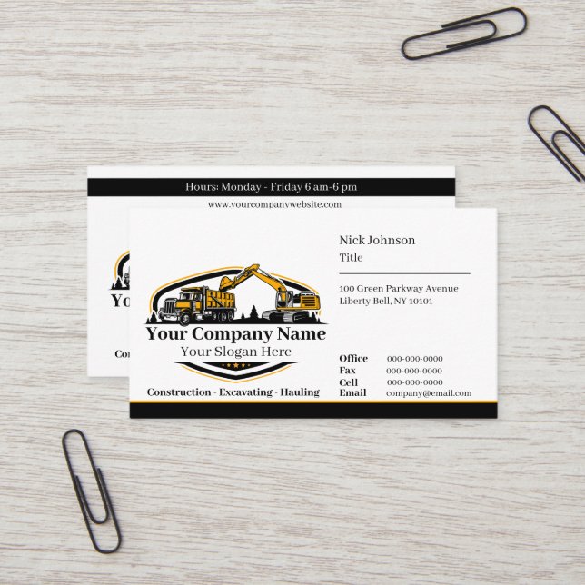 Professional Heavy Equipment Construction Company  Business Card (Front/Back In Situ)