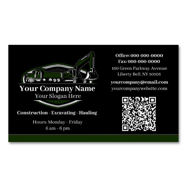 Professional Heavy Equipment Construction Company  Magnetic Business Card (Front)