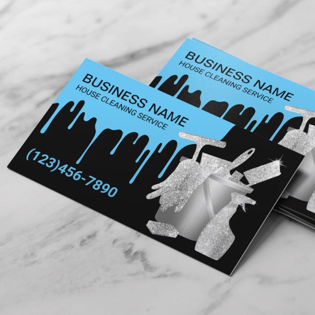 Professional House Cleaning Blue Water Drips Black Business Card (Creator Uploaded)