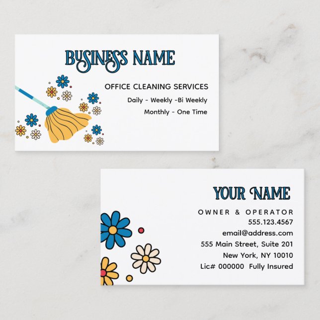 Professional House Cleaning daisy Retro Broom Business Card (Front/Back)