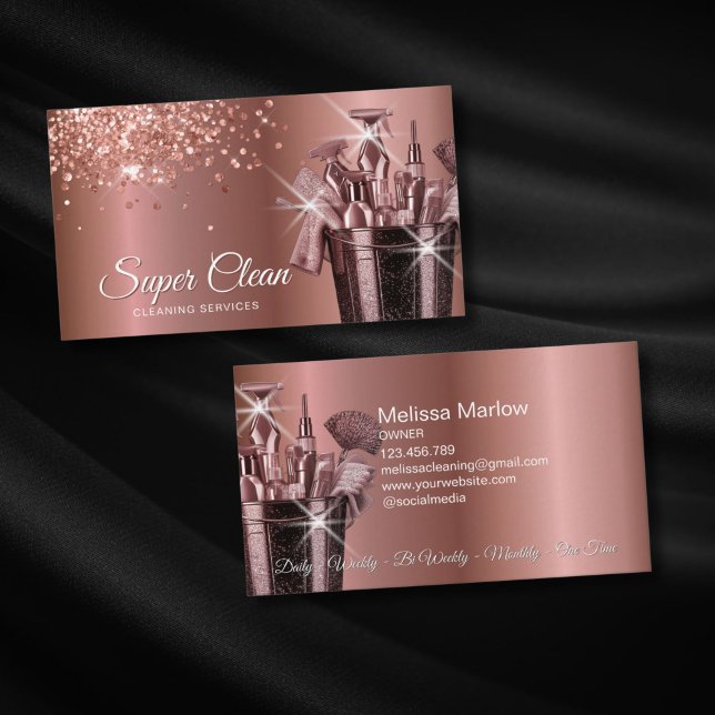 Professional House Cleaning Housekeeping Business Card (ROSE GOLD CLEANING TOOLS BUCKET)