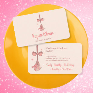 Professional House Cleaning Logo Retro Broom Bow Business Card