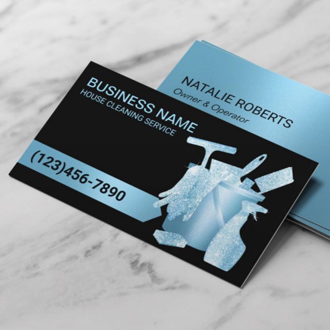 Professional House Cleaning Modern Blue Glitter Business Card (Creator Uploaded)