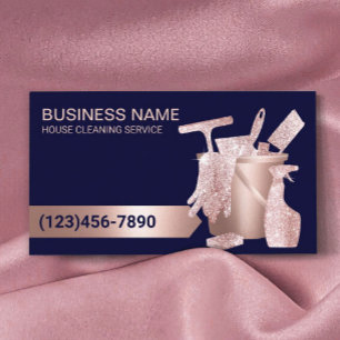 Professional House Cleaning Navy Blue & Rose Gold Business Card