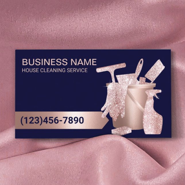 Professional House Cleaning Navy Blue & Rose Gold Business Card (Creator Uploaded)