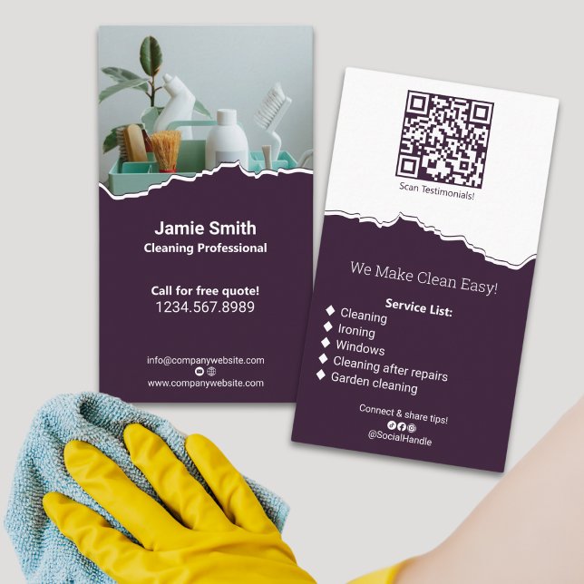 Professional House Cleaning Purple White Business Card (Professional House Cleaning Purple White Business Card - Portrait - Image - QR code - List)