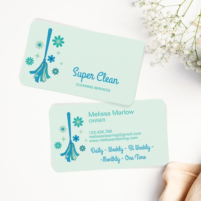 Professional House Cleaning Retro Broom Sparkle Business Card (Creator Uploaded)