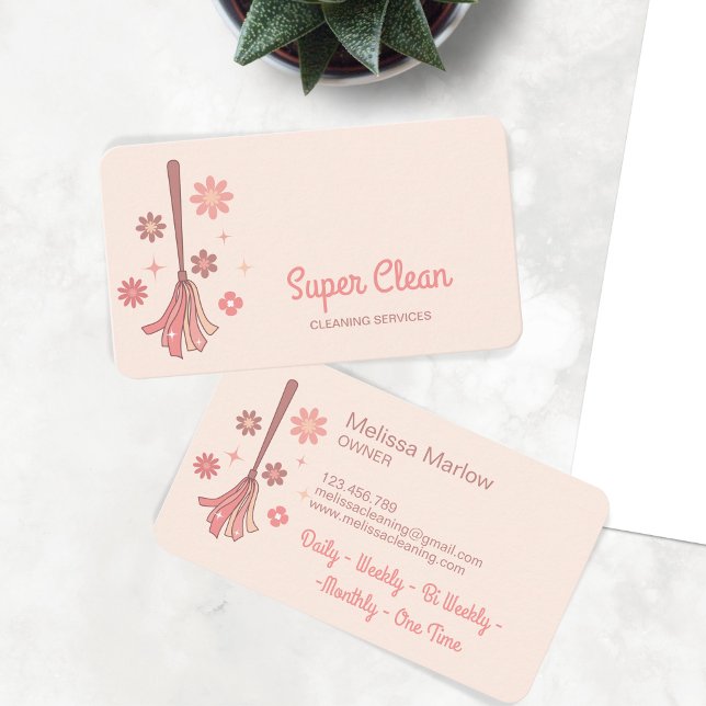 Professional House Cleaning Retro Broom Sparkle Business Card (Creator Uploaded)
