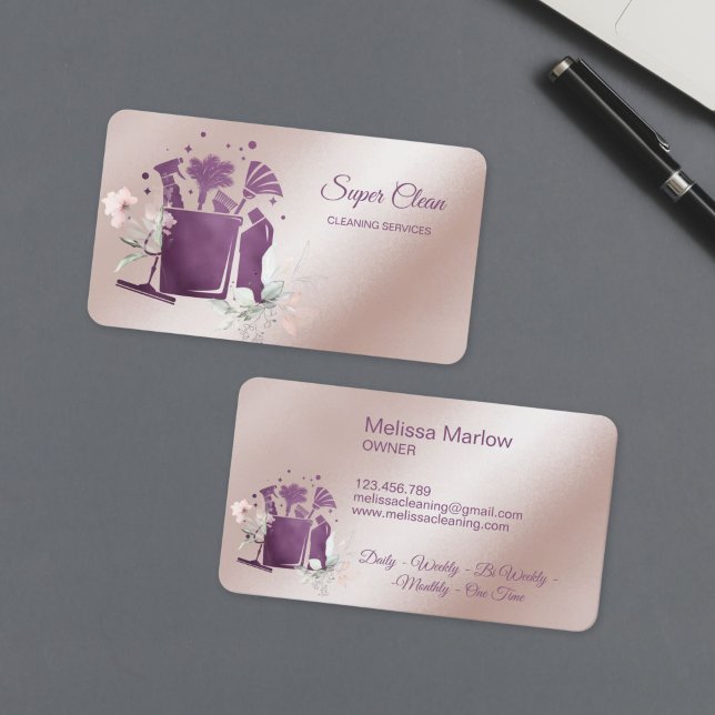 Professional House Cleaning Rose Gold Glitter Chic Business Card (elegant cleaning business card with bucket tools and flowers, rose gold and purple color)