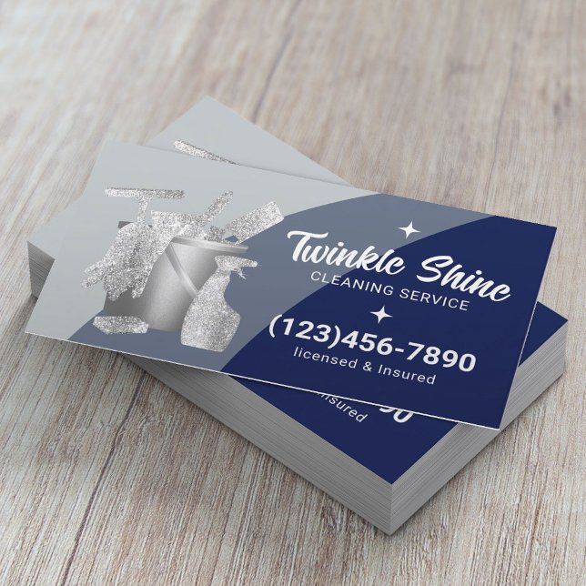Professional House Cleaning Service Blue Silver Business Card (Creator Uploaded)