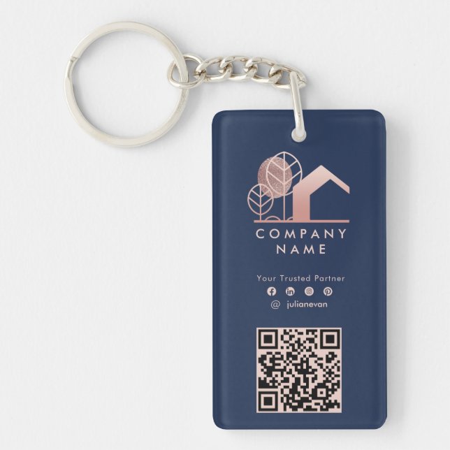 Professional House Logo Navy Blue Rose Gold Qr  Key Ring (Front)