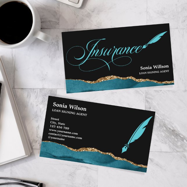 Professional Insurance Agent Teal Agate Gold Business Card (Creator Uploaded)