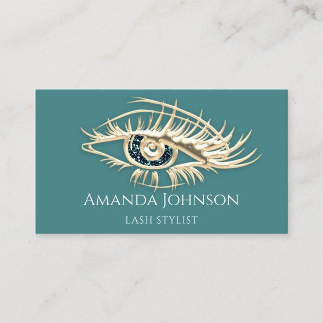 Professional Lashes Brows Makeup Logo Gold Teal Business Card (Front)